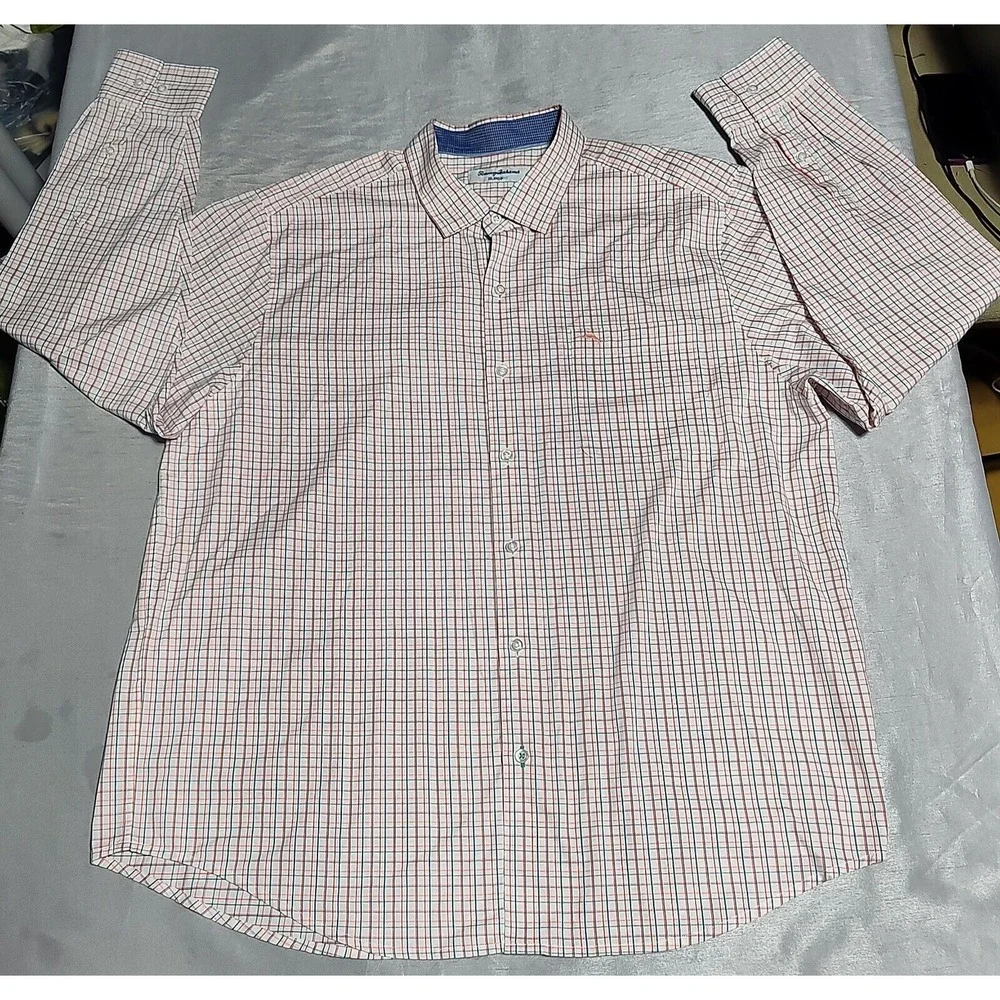TOMMY BAHAMA ISLAND ZONE Men XL Teal‎ Orange Windowpane Pima Cotton Shirt EUC